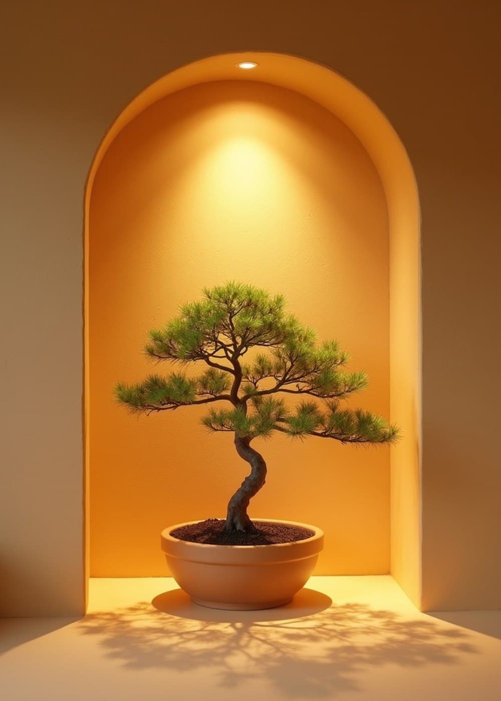 A small bonsai tree lit warmly inside an arched wall alcove.