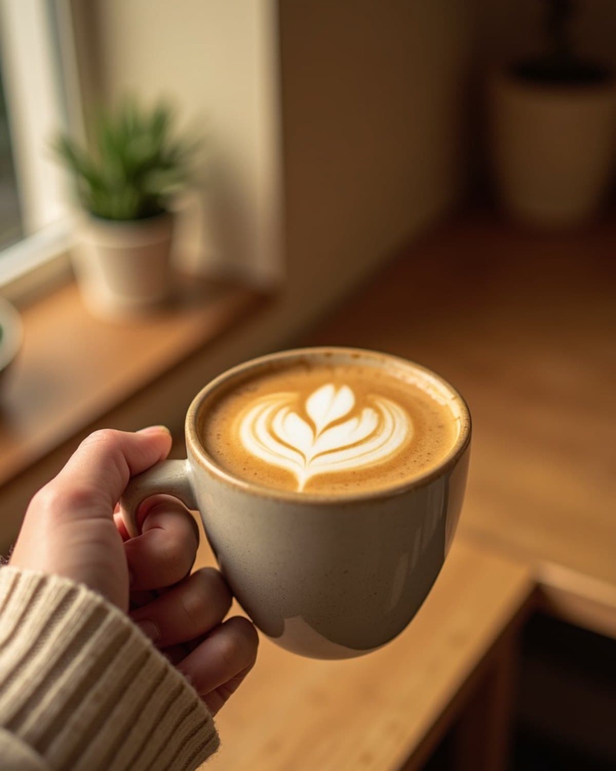A barista hands over a mug of coffee finished with intricate latte art.