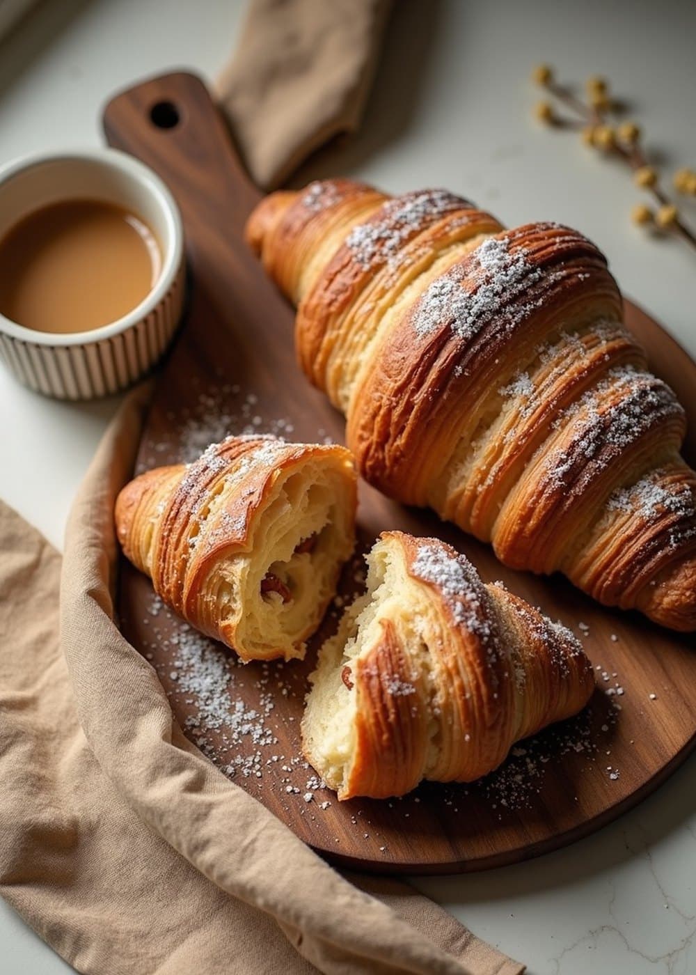 Two flaky almond croissants dusted with icing sugar on a wooden board.