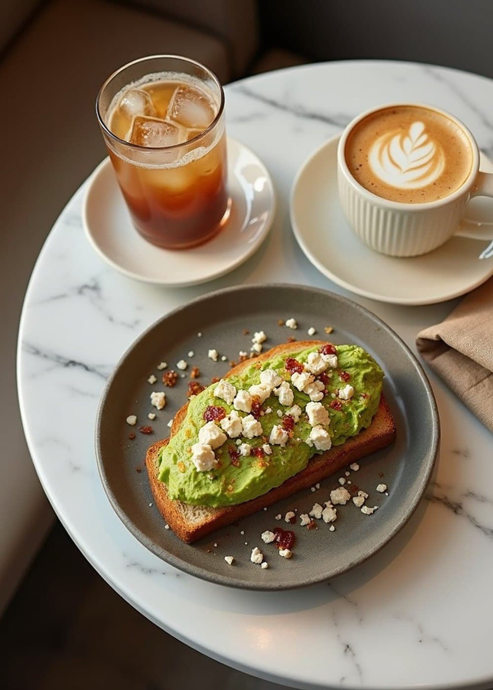 Avocado toast with feta and chilli honey beside a flat white and iced coffee on a marble table.