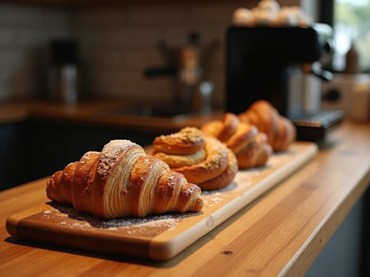 Fresh pastries laid out on a long wooden board behind the cafe counter.