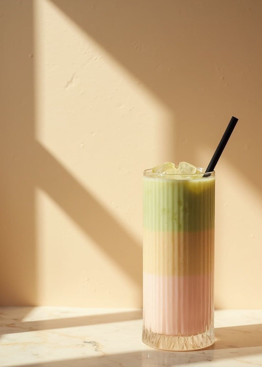 A tall ribbed glass of layered strawberry matcha latte on a sunlit travertine counter, with a long shadow falling across the wall.