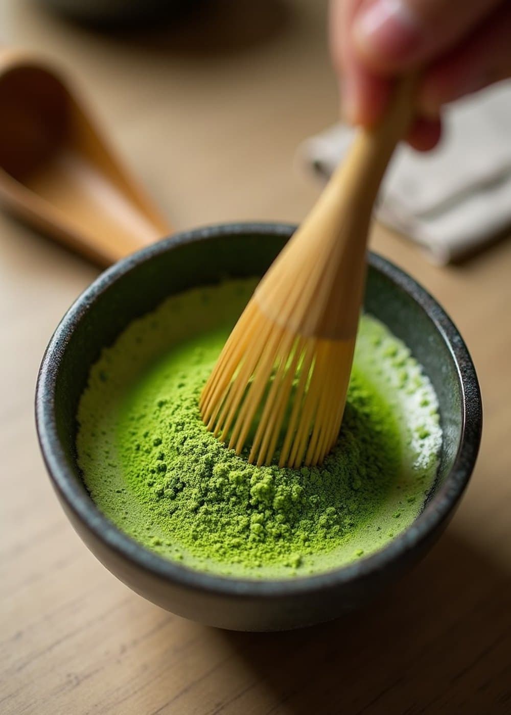 Bright green matcha being whisked in a stone bowl with a bamboo chasen.