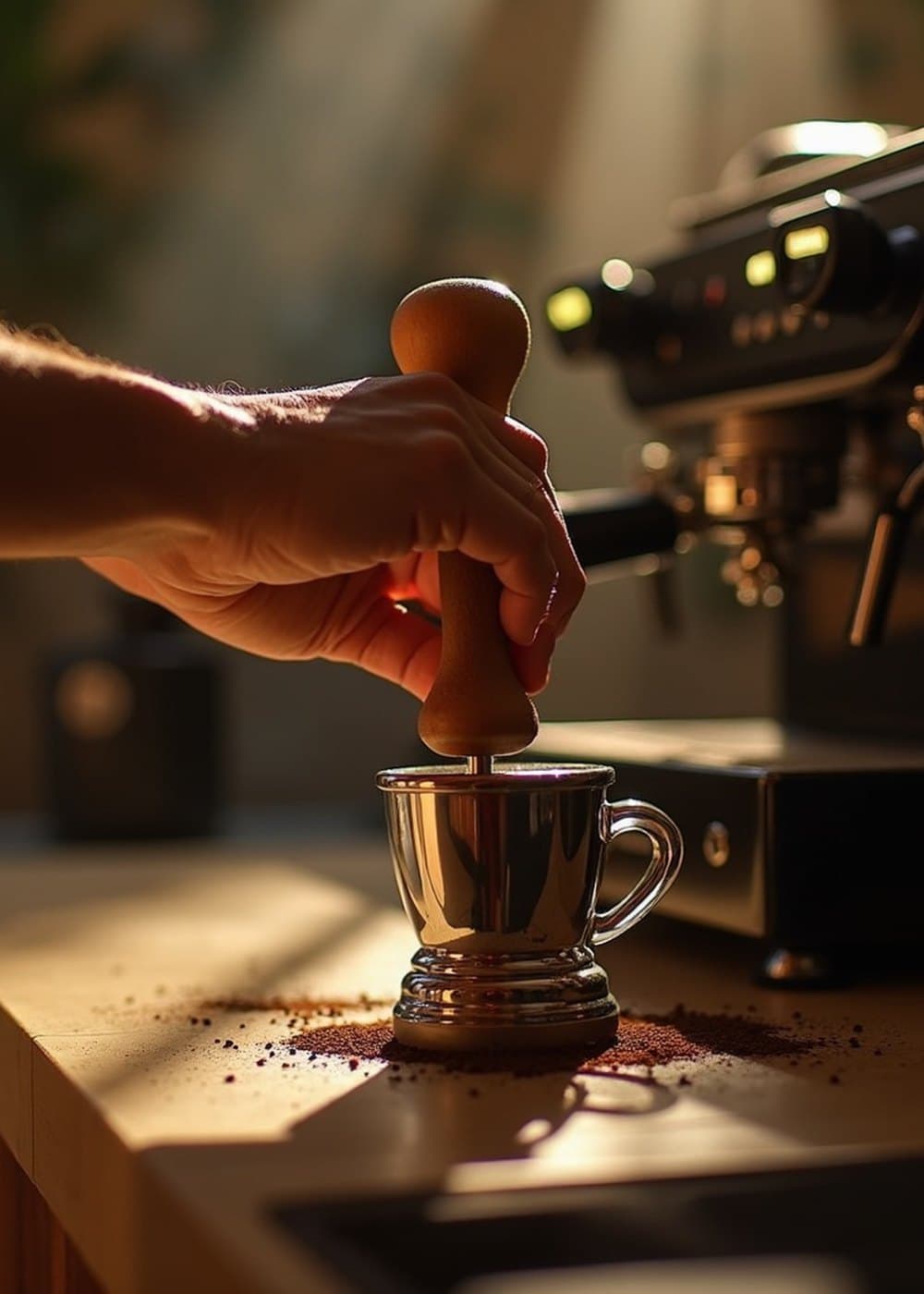 A barista uses a wooden tamper on an espresso portafilter, sunlight catching coffee grounds.
